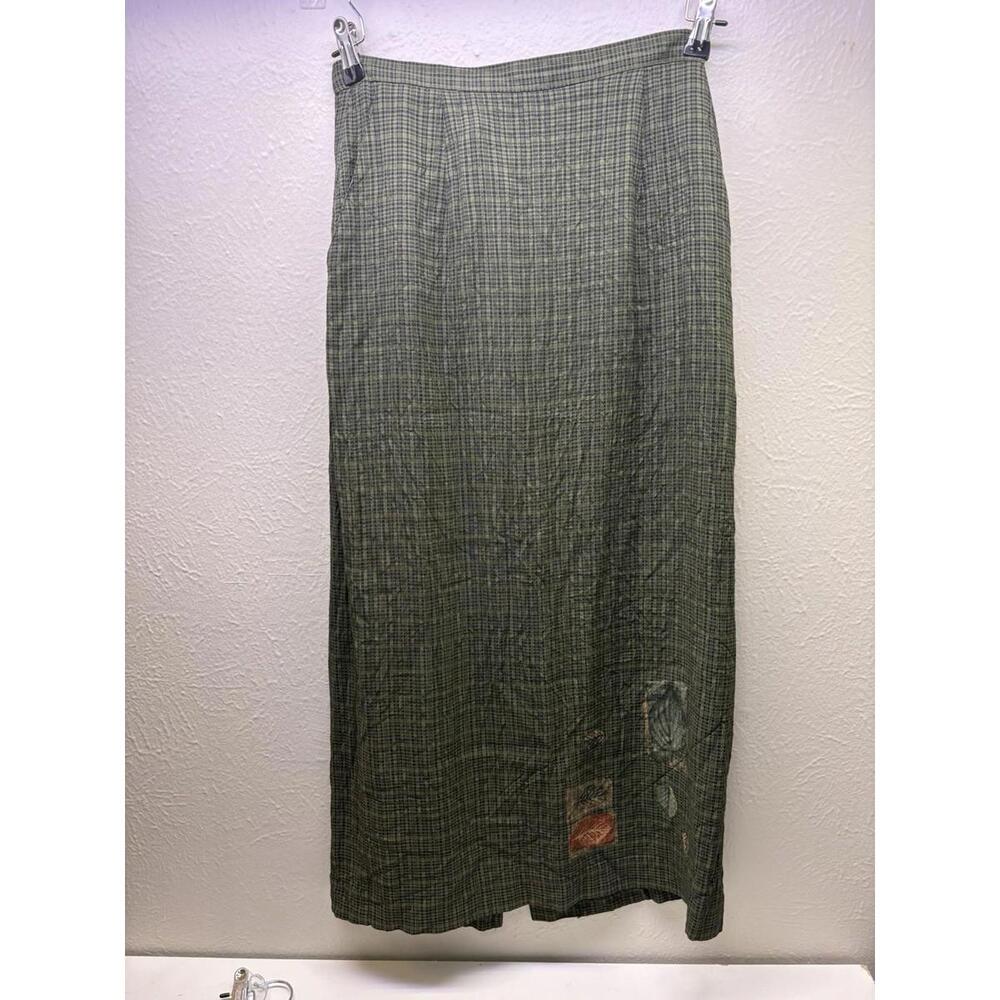 VTG David Brooks Skirt M Green & Black Checker w Flowers Grandmacore EUC